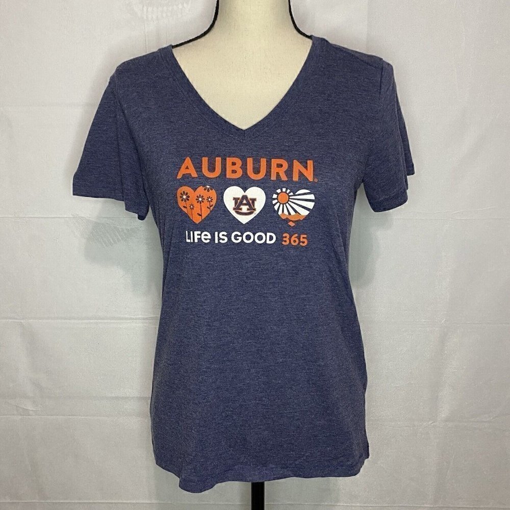 LIFE IS GOOD Womens Small Cool Tee AUBURN Blue V-Neck Short Sleeve T-Shirt